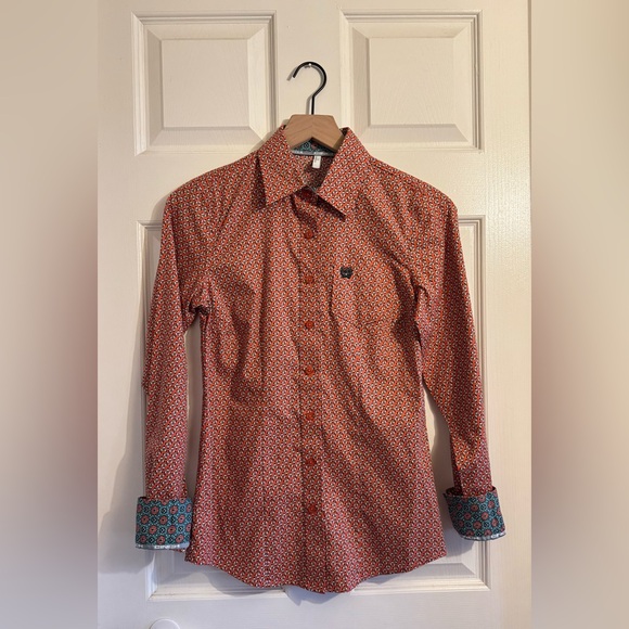 Cinch Women's Orange Geo Print Long Sleeve Western Shirt Xs Button Down - Picture 7 of 9